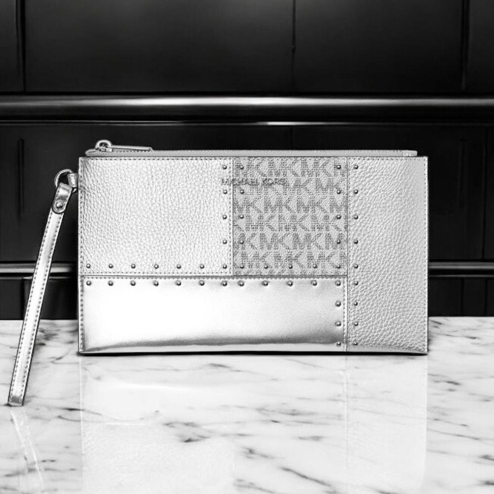 NWT $328 Michael Kors Jet Set Travel Large Studded Metallic Patchwork Wristlet
